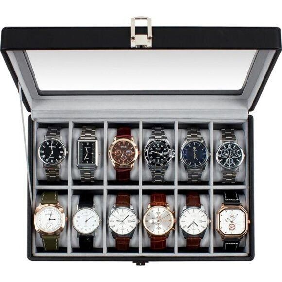 GUKA Watch Box 12 Slot Display Case Glass Lid Leather Organizer Black Velvet - Picture 1 of 7